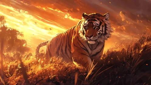 Sunlit tiger striding through blazing golden grassland at dusk.
