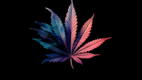 Bicolor cannabis leaf glows against deep black void.
