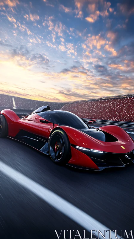 Aerodynamic hypercar rendering on illuminated racetrack at dusk.