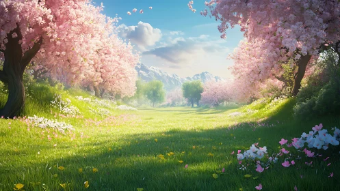 Sunlit cherry blossom valley frames distant snow peaks