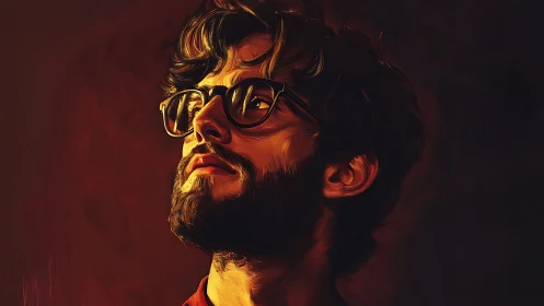 Moody digital portrait of bearded man in warm chiaroscuro.