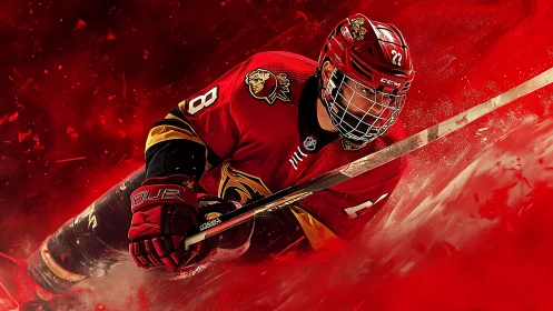 Hockey forward charges through fiery red ice storm in motion