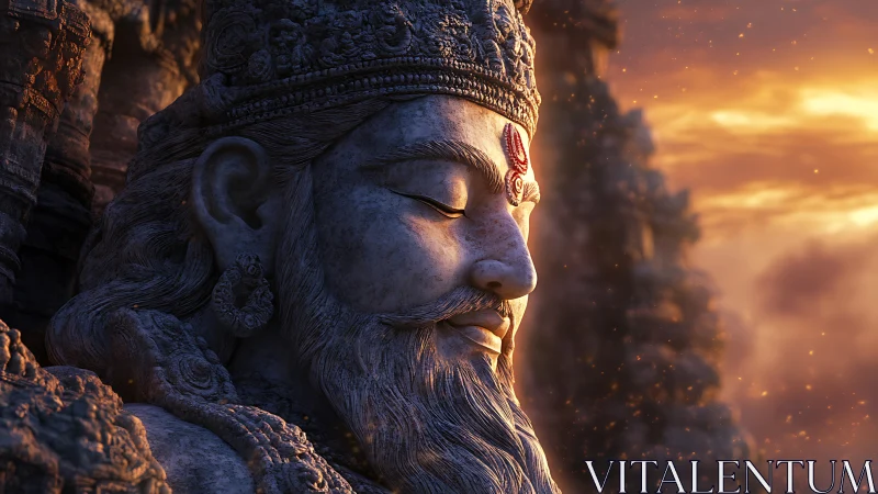Sunlit stone deity profile with volumetric atmospheric glow.