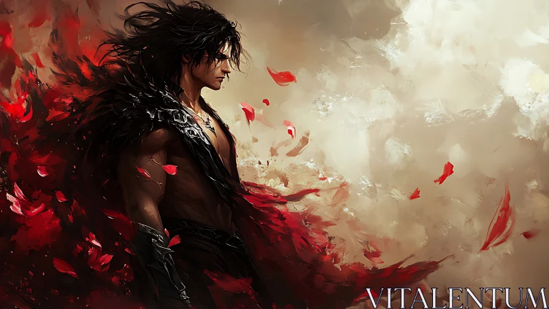 Dark warrior in crimson petals emerges from swirling storm.