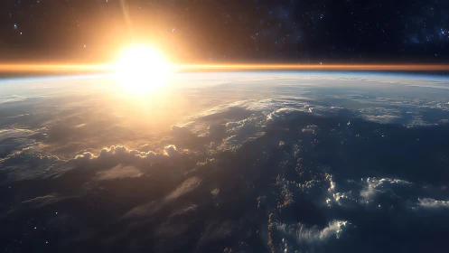 Sunrise is rendered above Earth’s curved horizon from orbit