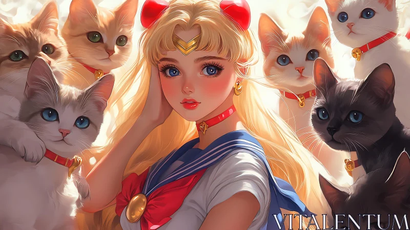 Radiant Girl Surrounded by Her Enchanted Cat Companions.