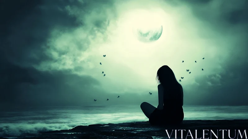 Silhouette of lone woman by moonlit sea under dark sky.