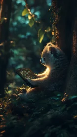 Bioluminescent coding koala studies tablet in twilight forest