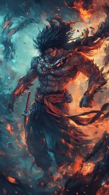 Elemental warrior strides through fire and ice vortex.