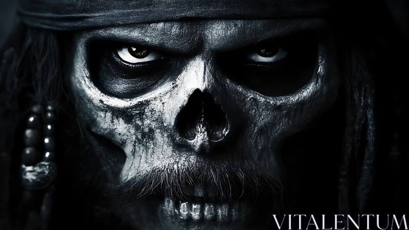 Intense skeletal pirate face in dramatic low key portrait.