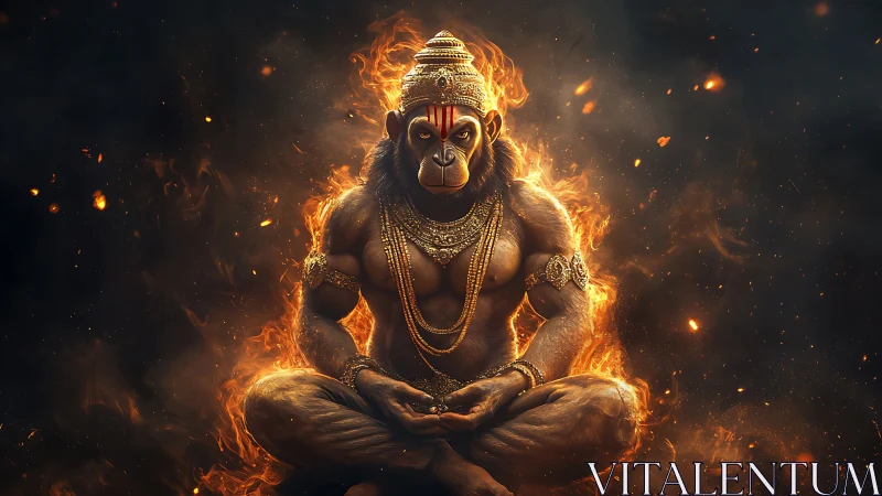 Fiery simian guardian in molten-gold meditative stillness.