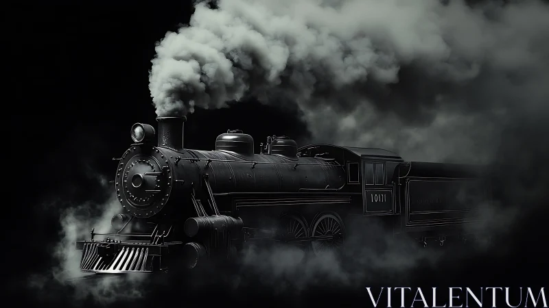 Steam locomotive in dense smoke on dark background.