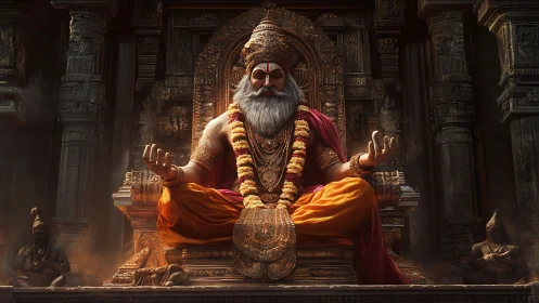 Seated sage figure in ornate stone temple interior setting.