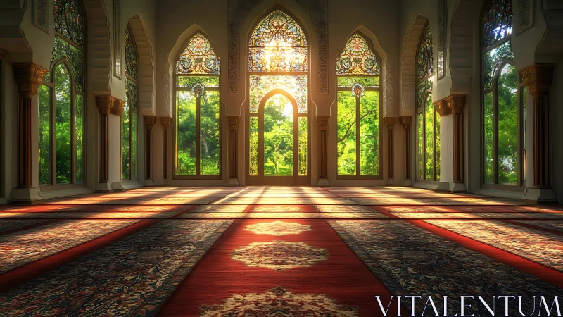 Ray-traced sunlit mosque interior with patterned prayer carpets.