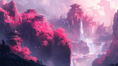 Cherry blossom citadel dreams over misted waterfall canyons.