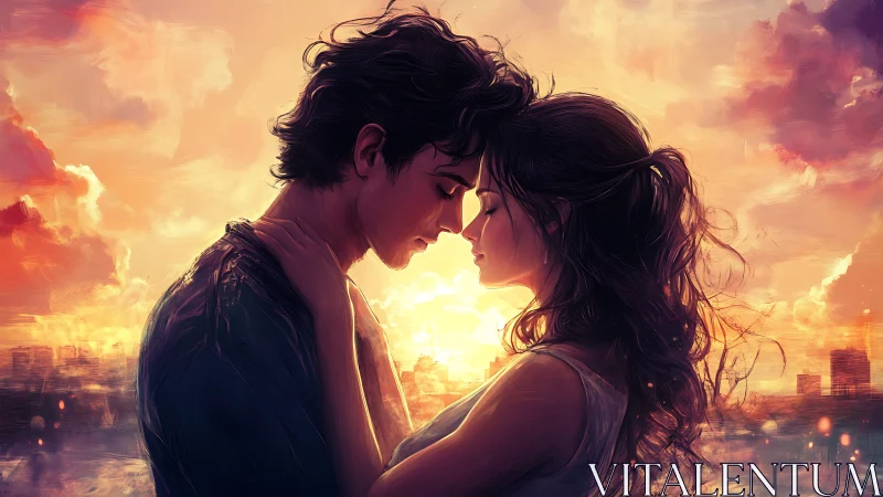 Two figures share intimate moment silhouetted against luminous sunset cityscape.