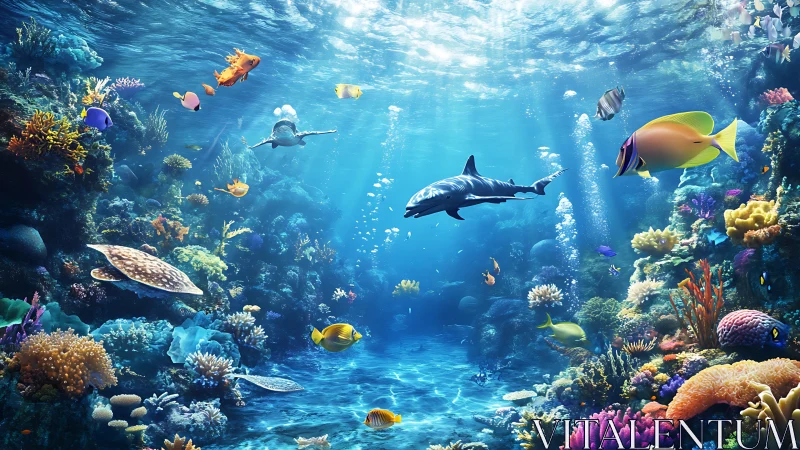 Sunlit coral reef welcomes bright fish, turtles, and a shark