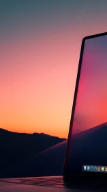 Slim laptop screen against vivid orange sunset sky.