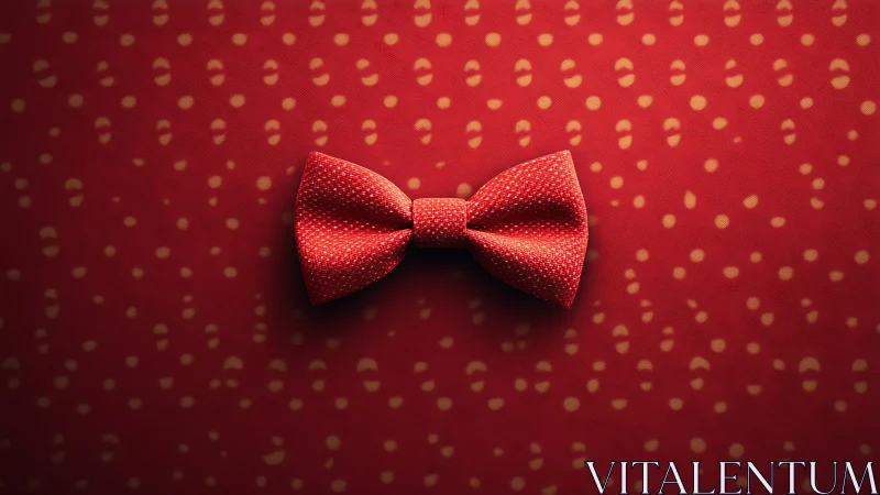 Red polka dot bow tie centered on patterned backdrop.