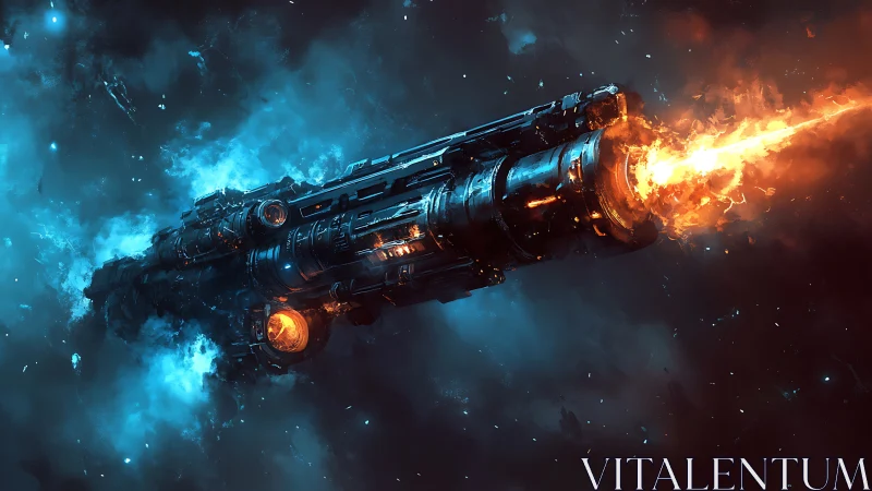 Massive starship cannon blasting fire through deep space.