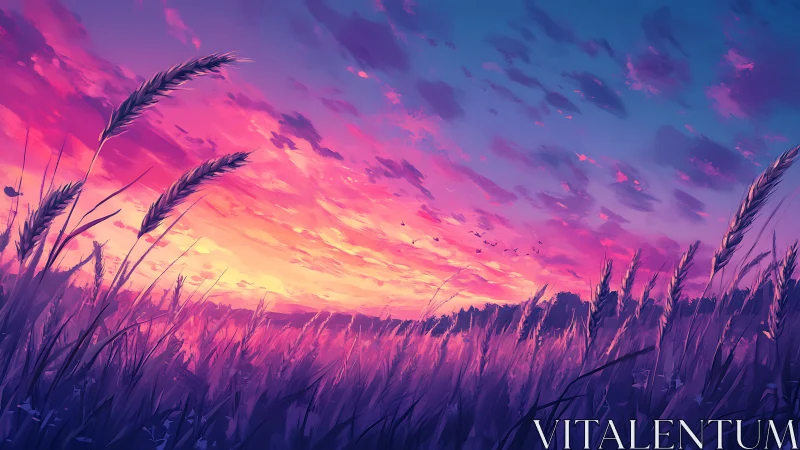 Wheat field silhouettes frame a saturated digital sunset sky