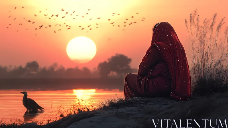 Crimson shawl of dusk watching birds stitch the river sky.