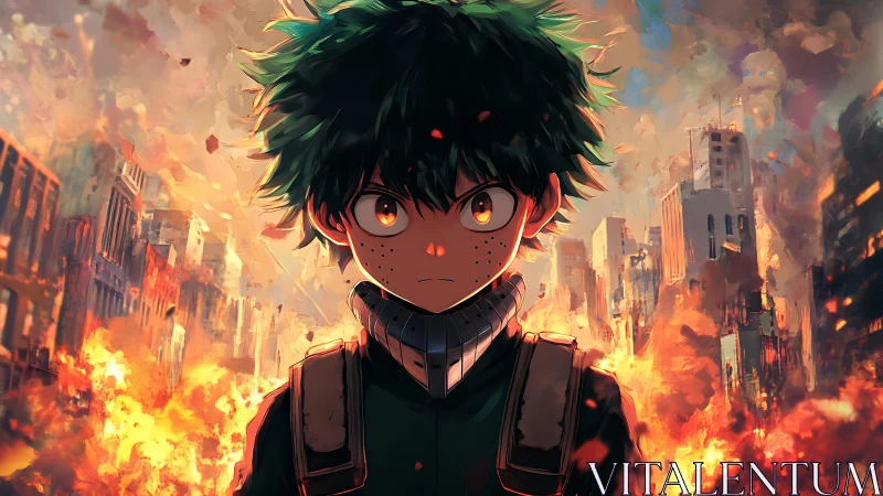 Green-haired boy stands before burning city in fierce focus
