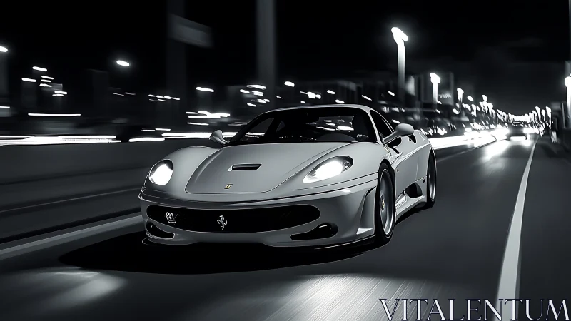 Silver supercar speeds through a neon-lit city highway at night