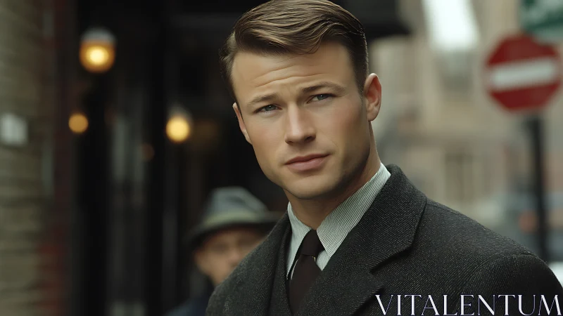 Photorealistic vintage street portrait in shallow depth of field.