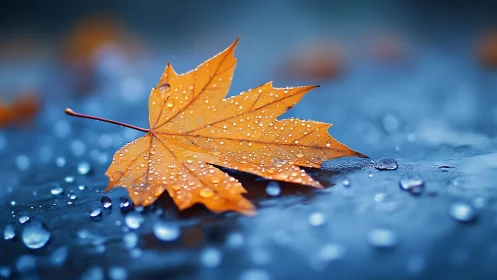 Rain-kissed maple leaf resting on twilight blue pavement.