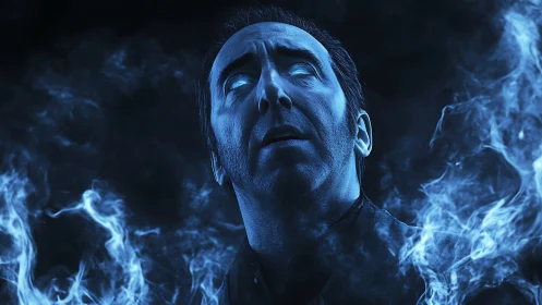 Ethereal blue figure rising through swirling ghostly smoke.