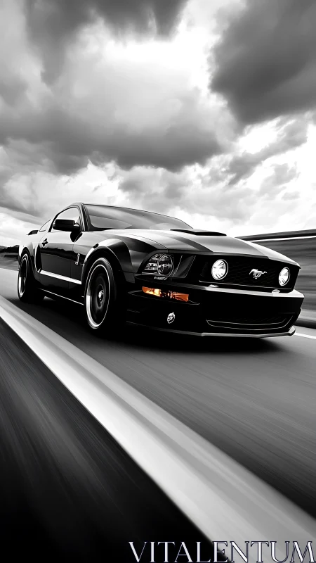Black sports car powers down highway beneath storm clouds.