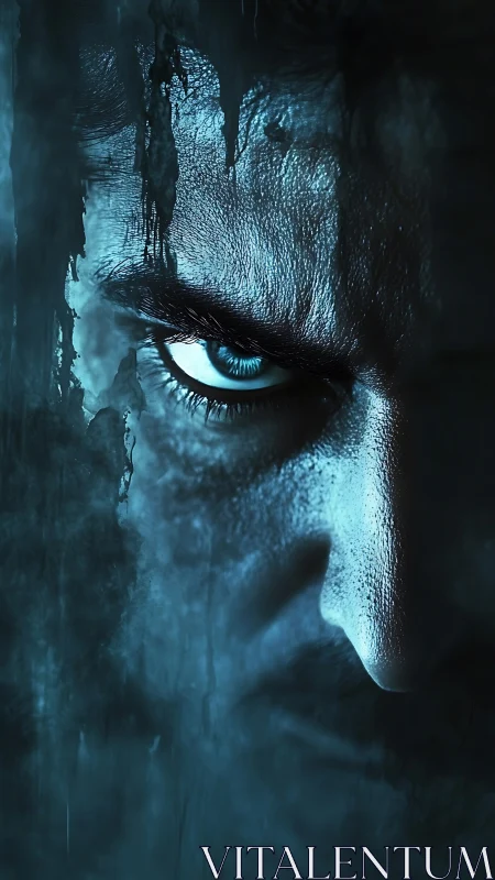 Blue-lit intense eye in shadowed cinematic close-up.