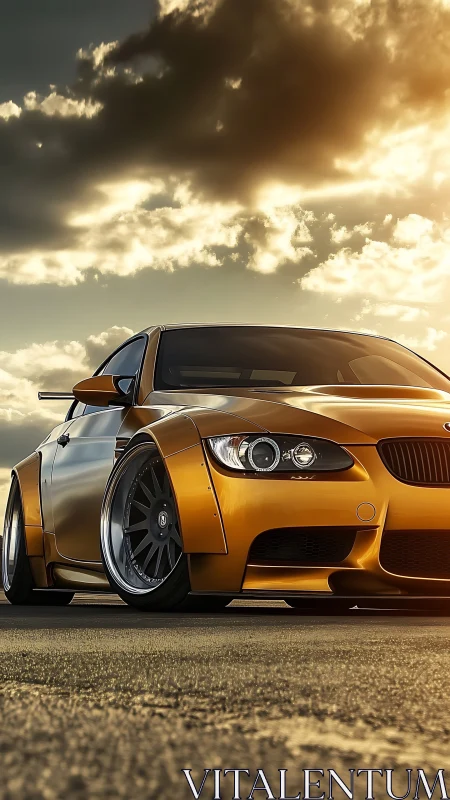 Golden widebody sports coupe glows under dramatic sunset sky.