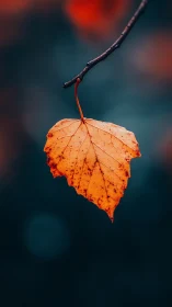 Single suspended autumn leaf against teal bokeh field
