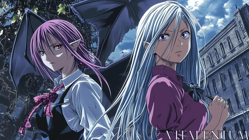 Nocturnal vampire allies in gothic academy courtyard standoff.