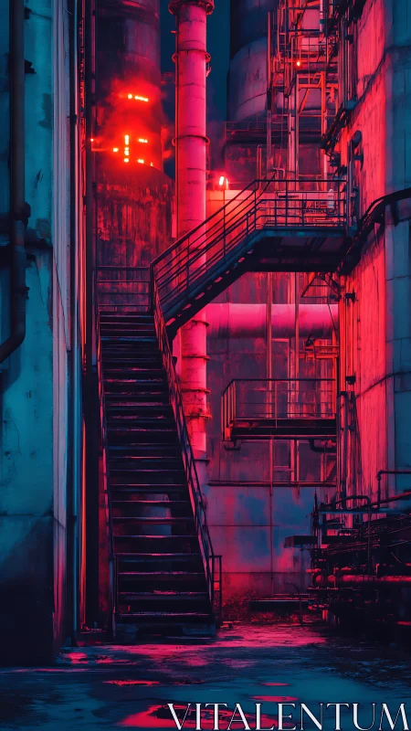 Cyberpunk industrial staircase in neon magenta-blue palette.