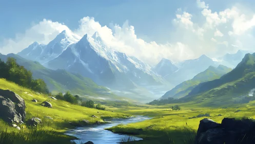 Mountain range above green valley with winding river under sky.