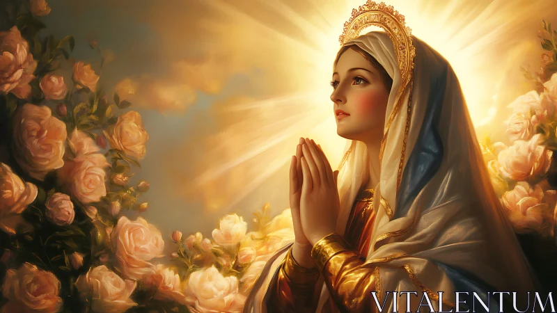 Woman in radiant veil prays amid glowing roses at sunrise