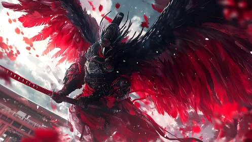 Winged armored swordsman amid red feathers in flight.