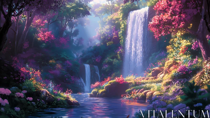 Digital landscape of twin waterfalls in dense floral forest.