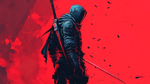 Armored cybernetic swordsman on crimson negative space field