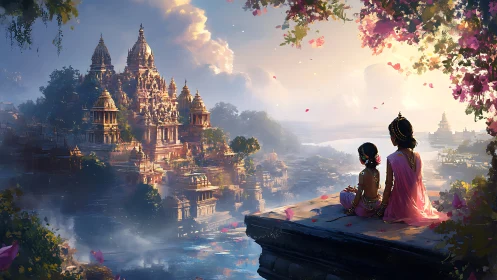 Riverside temple city vista with two seated figures at edge.