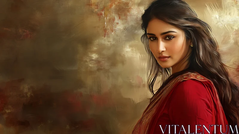 Elegant woman in red saree, digital painting with warm tones.