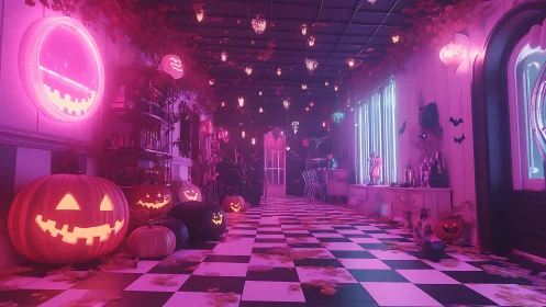 Neon lit corridor with Halloween pumpkins and decor elements.