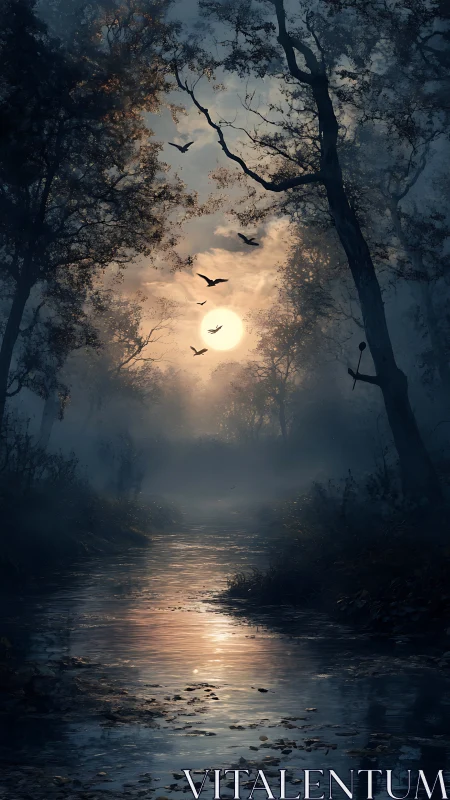 Nocturnal forest creek under misty full moonlight glow.