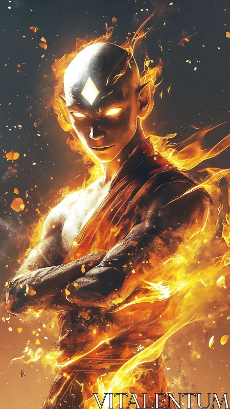 Bald glowing monk stands engulfed in controlled swirling fire