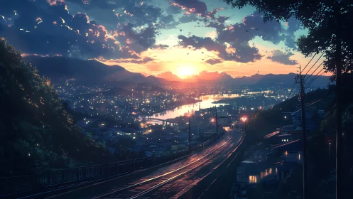 Twilight rails descend toward a river of molten city lights.