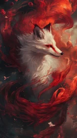 Fox of ember dreams wrapped in swirling crimson fire.