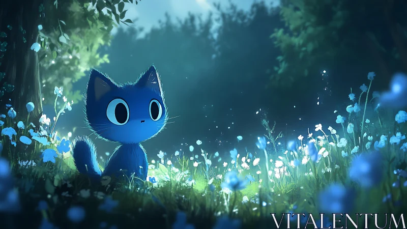 Midnight blue kitten discovering a glowing forest meadow.